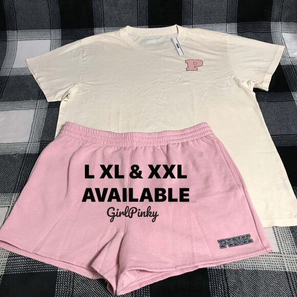 VS PINK shorts OUTFIT & TEE LIMITED EDITION CHALK ROSE/WHITE SHELL ALL SIZES - Picture 1 of 7